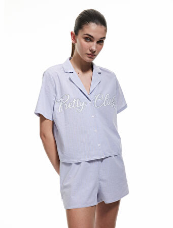 Baskılı Rahat Kalıp Kısa Kollu Çizgili Gömlek Yaka Pijama Üstü