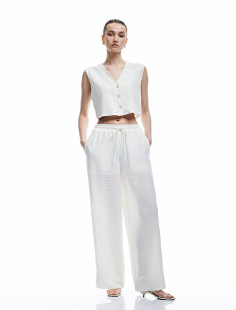 Astarlı Beli Bağlamalı Lastikli Yüksek Bel Cepli Geniş Paça Pantolon