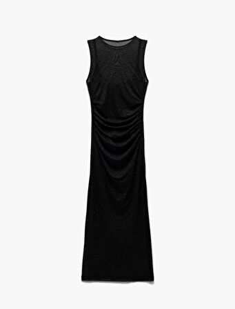 Bisiklet Yaka Kolsuz Astarlı Midi Tül Bodycon Elbise