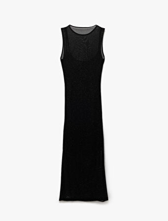 Bisiklet Yaka Kolsuz Astarlı Midi Tül Bodycon Elbise