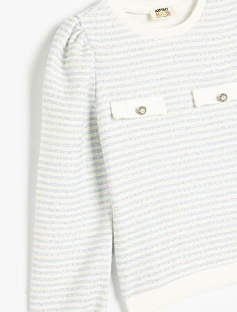 Uzun Kollu Düğme Detaylı Bisiklet Yaka Çizgili Sweatshirt
