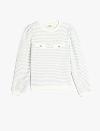 Uzun Kollu Düğme Detaylı Bisiklet Yaka Çizgili Sweatshirt