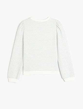 Uzun Kollu Düğme Detaylı Bisiklet Yaka Çizgili Sweatshirt