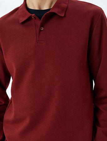 Polo Yaka Sweatshirt Basic Düğmeli Pamuklu İnterlok Kumaş