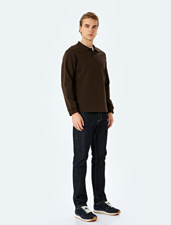 Polo Yaka Sweatshirt Basic Düğmeli Pamuklu İnterlok Kumaş