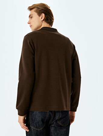 Polo Yaka Sweatshirt Basic Düğmeli Pamuklu İnterlok Kumaş