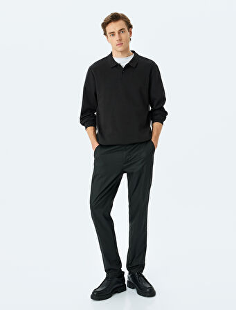 Polo Yaka Sweatshirt Basic Düğmeli Pamuklu İnterlok Kumaş