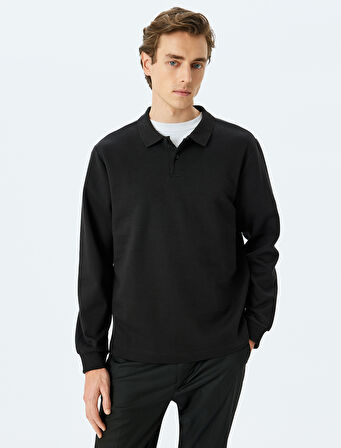 Polo Yaka Sweatshirt Basic Düğmeli Pamuklu İnterlok Kumaş