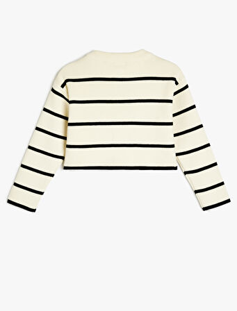 Yuvarlak Yaka Düğmeli Uzun Kollu Çizgili Triko Hırka