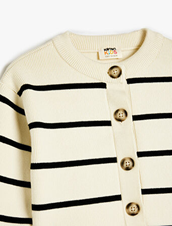 Yuvarlak Yaka Düğmeli Uzun Kollu Çizgili Triko Hırka