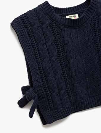 Bisiklet Yaka Kolsuz Saç Örgü Dokulu Fiyonklu Crop Triko Süveter