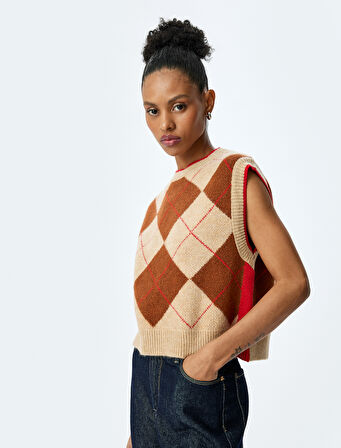 Bisiklet Yaka Baklava Desenli Kolsuz Triko Süveter