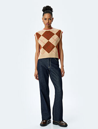 Bisiklet Yaka Baklava Desenli Kolsuz Triko Süveter