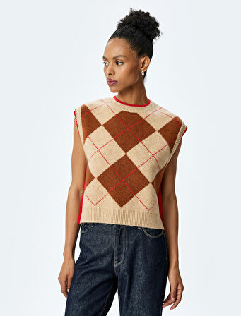 Bisiklet Yaka Baklava Desenli Kolsuz Triko Süveter