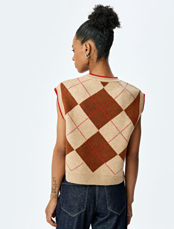 Bisiklet Yaka Baklava Desenli Kolsuz Triko Süveter