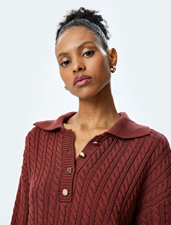 Uzun Kollu Düğmeli Polo Yaka Saç Örgü Kazak