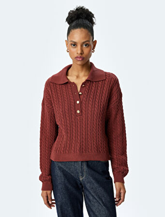 Uzun Kollu Düğmeli Polo Yaka Saç Örgü Kazak