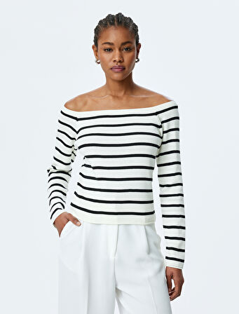 Uzun Kollu Triko Omzu Açık Kazak