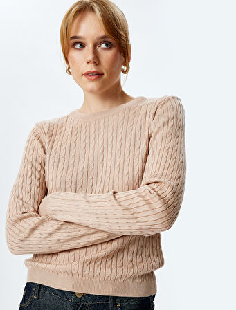 Bisiklet Yaka Uzun Kollu Saç Örgü Triko Kazak