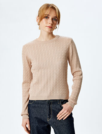 Bisiklet Yaka Uzun Kollu Saç Örgü Triko Kazak