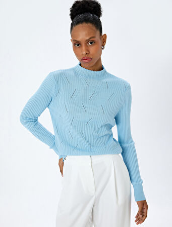 Dik Yaka Uzun Kollu Ajurlu Triko Kazak