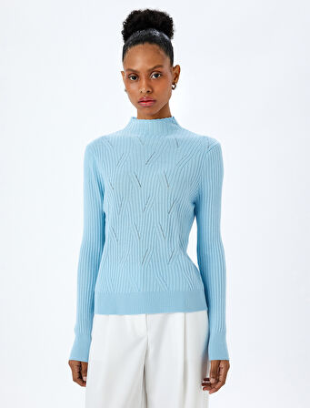 Dik Yaka Uzun Kollu Ajurlu Triko Kazak