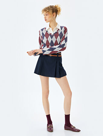 Ekoseli V Yaka Uzun Kollu Tişört