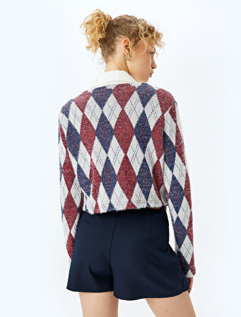 Ekoseli V Yaka Uzun Kollu Tişört