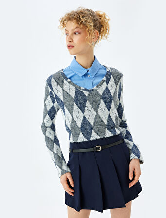 Ekoseli V Yaka Uzun Kollu Tişört