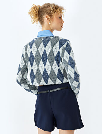 Ekoseli V Yaka Uzun Kollu Tişört