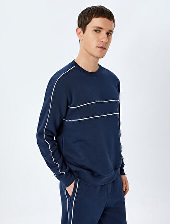 Pamuk Karışımlı Uzun Kollu Biyeli Bisiklet Yaka Sweatshirt