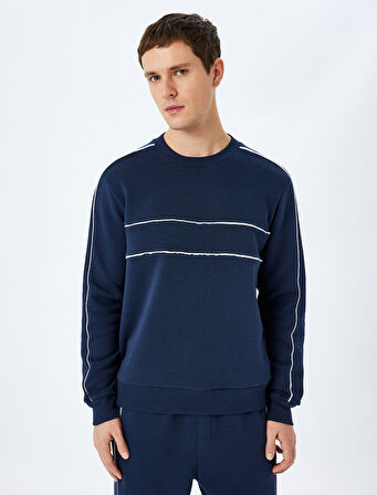 Pamuk Karışımlı Uzun Kollu Biyeli Bisiklet Yaka Sweatshirt