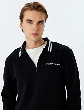 Şerit Detaylı Uzun Kollu Slogan İşlemeli Sweatshirt