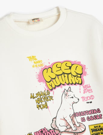 Köpek Baskılı Bisiklet Yaka Uzun Kollu Şardonlu Sweatshirt