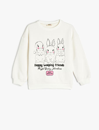 Tavşan Baskılı Uzun Kollu Bisiklet Yaka Şardonlu Sweatshirt