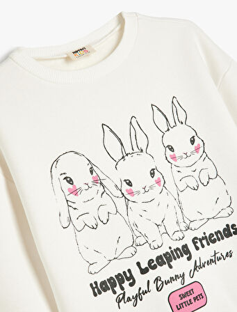 Tavşan Baskılı Uzun Kollu Bisiklet Yaka Şardonlu Sweatshirt