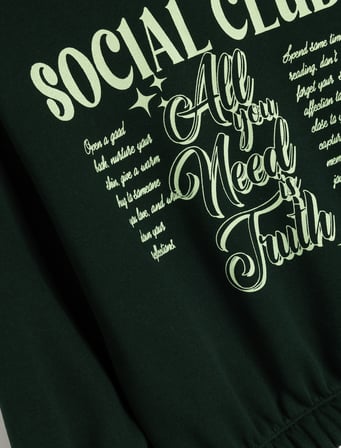 Kapşonlu Slogan Baskılı Uzun Kollu Pamuklu Şardonlu Sweatshirt