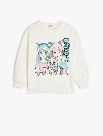 Anime Baskılı Bisiklet Yaka Pamuklu Uzun Kollu Sweatshirt