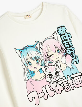 Anime Baskılı Bisiklet Yaka Pamuklu Uzun Kollu Sweatshirt