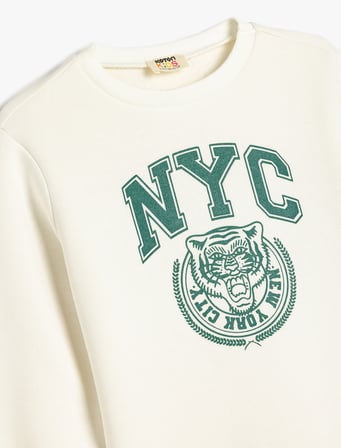 Baskılı Bisiklet Yaka Uzun Kollu Pamuklu Sweatshirt