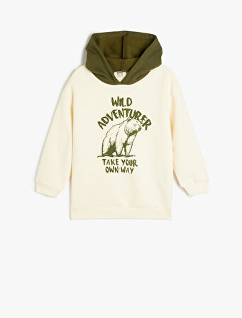 Kapşonlu Ayı Baskılı Uzun Kollu Pamuklu Sweatshirt