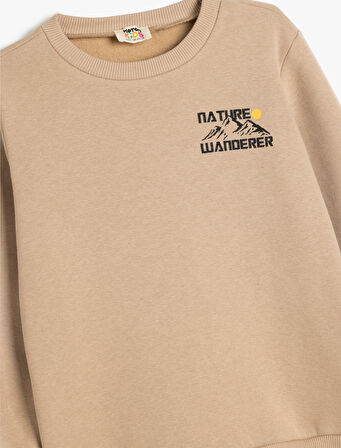 Baskı Detaylı Bisiklet Yaka Şardonlu Uzun Kollu Sweatshirt