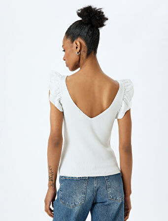 V Yaka Kolsuz Volanlı Fırfırlı Triko Tişört