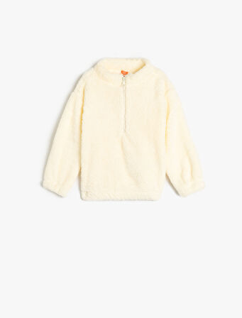 Dik Yaka Uzun Kollu Fermuarlı Peluş Sweatshirt