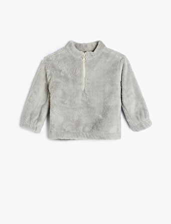 Dik Yaka Uzun Kollu Fermuarlı Basic Peluş Sweatshirt