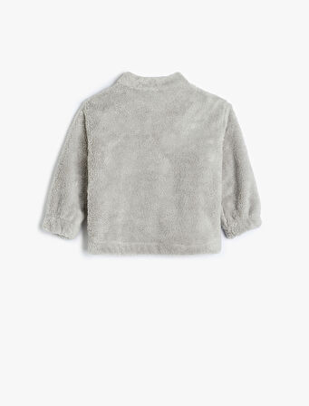 Dik Yaka Uzun Kollu Fermuarlı Basic Peluş Sweatshirt