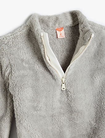 Dik Yaka Uzun Kollu Fermuarlı Basic Peluş Sweatshirt