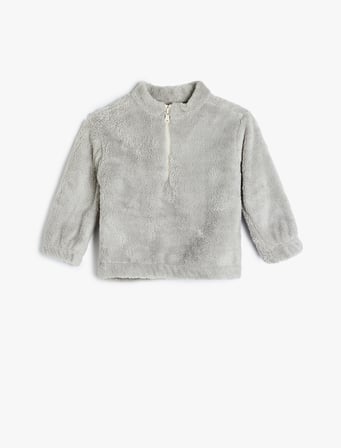 Dik Yaka Uzun Kollu Fermuarlı Basic Peluş Sweatshirt