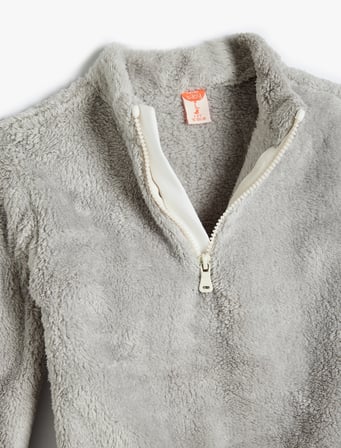 Dik Yaka Uzun Kollu Fermuarlı Basic Peluş Sweatshirt