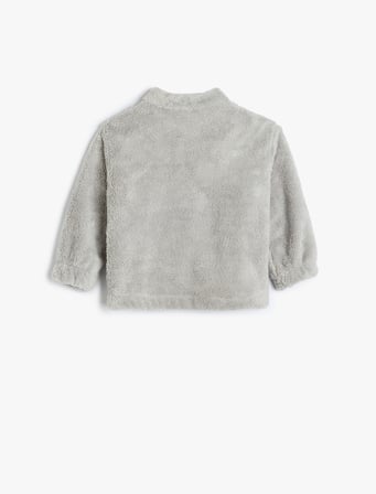 Dik Yaka Uzun Kollu Fermuarlı Basic Peluş Sweatshirt